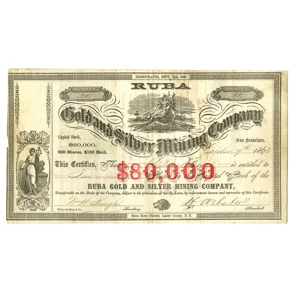 Nevada Territory. Ruba Gold and Silver Mining Co., 1863, I/U Stock Certificate.