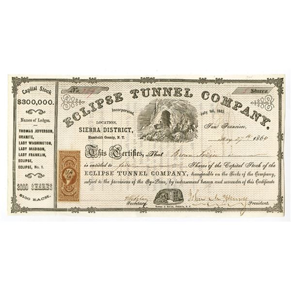 NV. Eclipse Tunnel Co., 1864, I/U Stock Certificate.