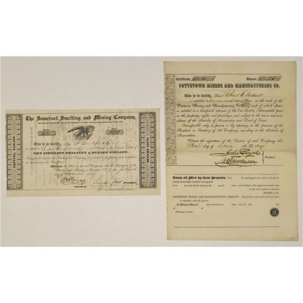 NJ. Pottstown and Somerset, New Jersey, 1847 & 1848, Early I/U New Jersey Mining Stock Certificate P