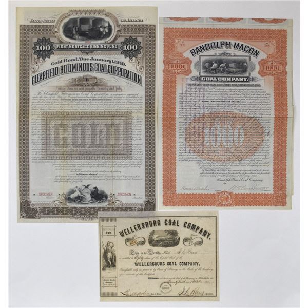 PA. MO., Coal Mining Stock & Bond Certificate trio 1855 to 1905.
