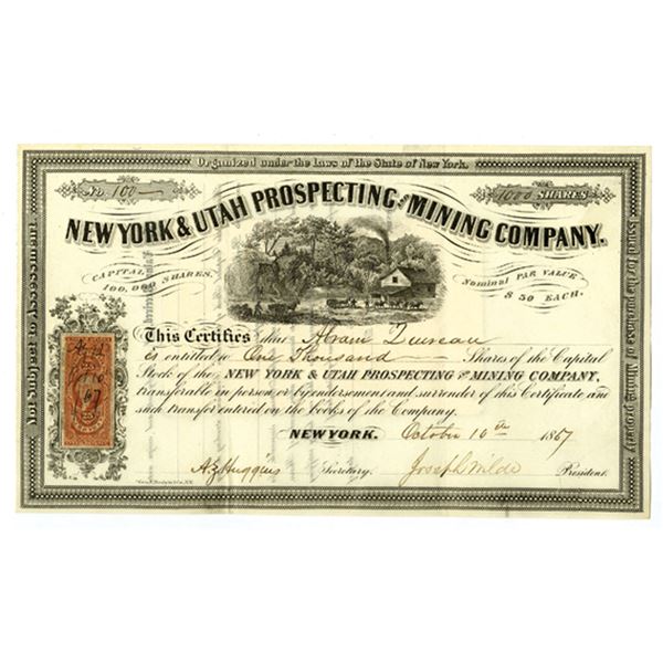 Utah Territory.  New York & Utah Prospecting and Mining Company, 1867, I/U Stock Certificate