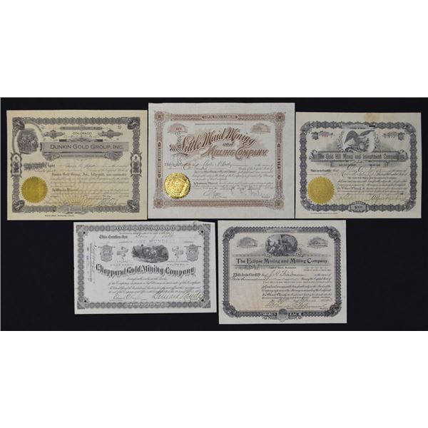 Arizona, California, and Colorado Mining Stock Certificate Group. 1882 to 1933.