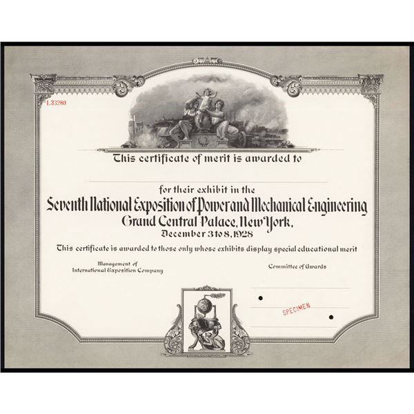 NY. Seventh National Exposition of Power and Mechanical Engineering, 1928, Specimen Certificate of M