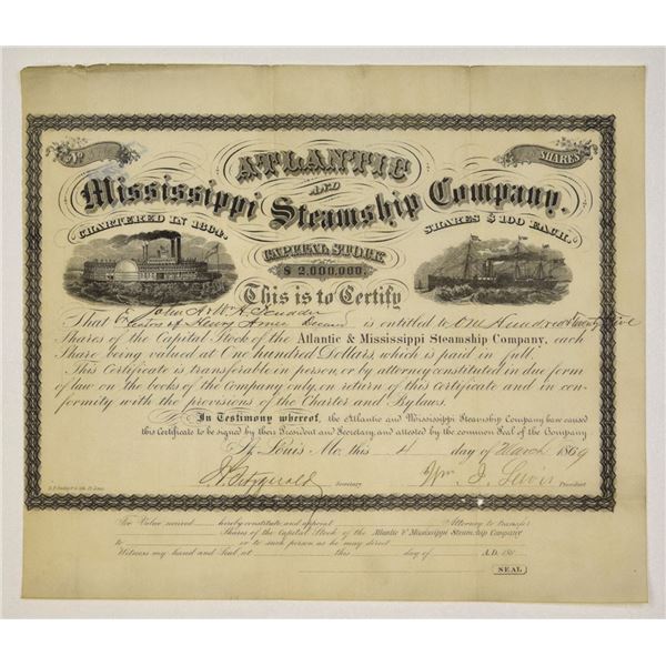 LA. MO. Atlantic and Mississippi Steamship Co., 1869, I/U Large Format Stock Certificate.