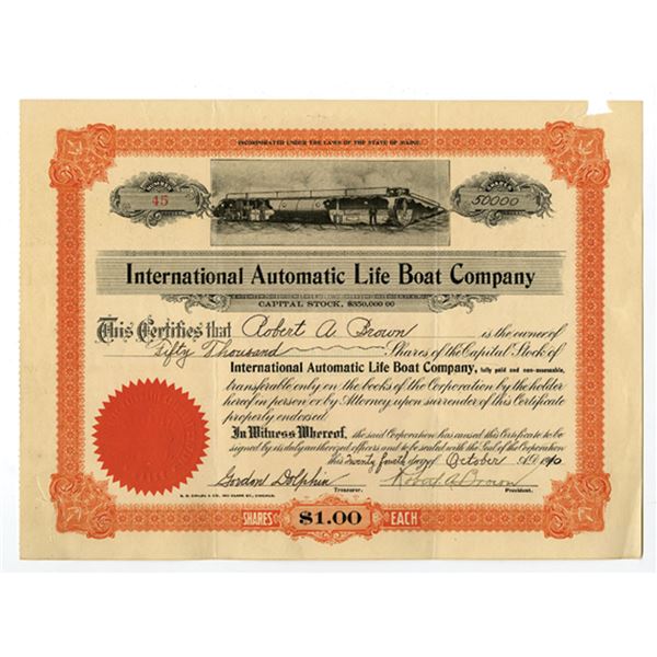 ME. International Automatic Life Boat Co., 1910, I/U Stock Certificate.
