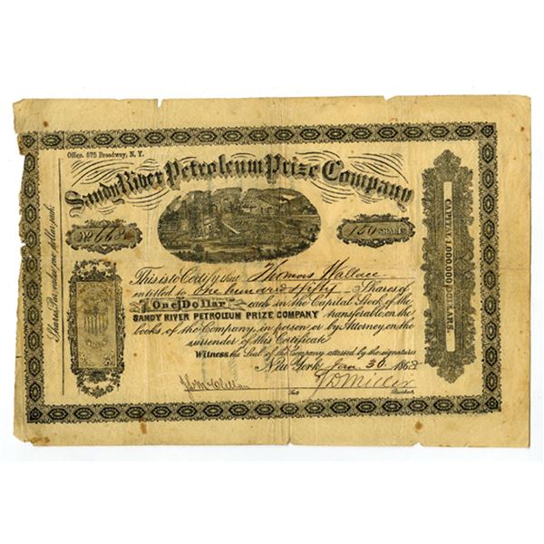 NY. Sandy River Petroleum Prize Co., 1868, I/U Stock Certificate.