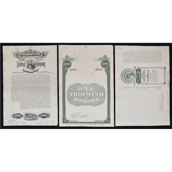 Canada. Toronto Railway Co., 1892,Cancellation Progress Proof Coupon Bond Trio.