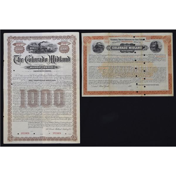 CO. Colorado Midland Railway, 1890, U/U and Specimen Stock and Bond Pair.