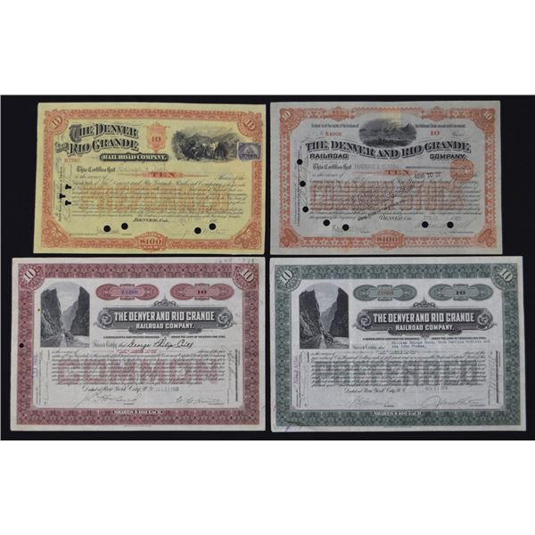 CO. Denver and Rio Grande Railroad CO., 1900 to 1920, I/C and I/U Stock Certificate Quartet.