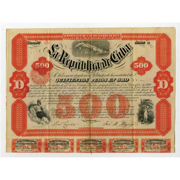 Republica de Cuba, 1872, 500 Pesos, I/U Bond
