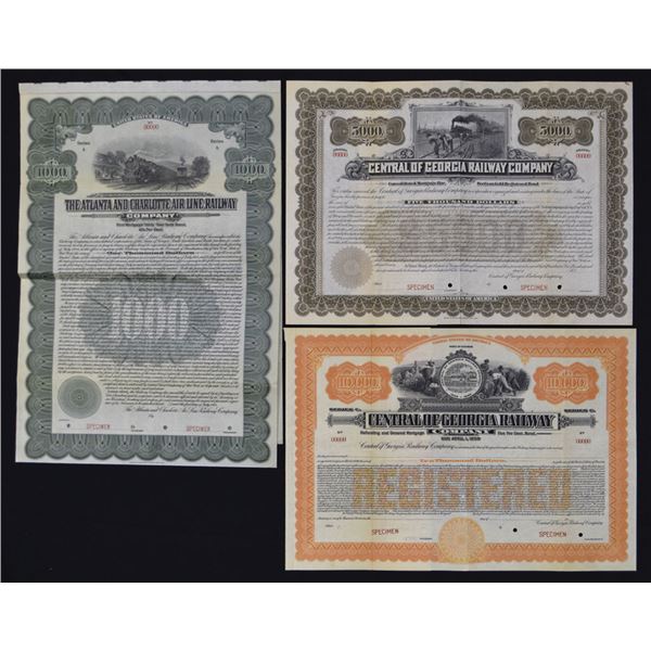 GA. Central Of Georgia Railway Co. Pair & Atlanta and Charlotte Air Line Railway Specimen Bond Trio,