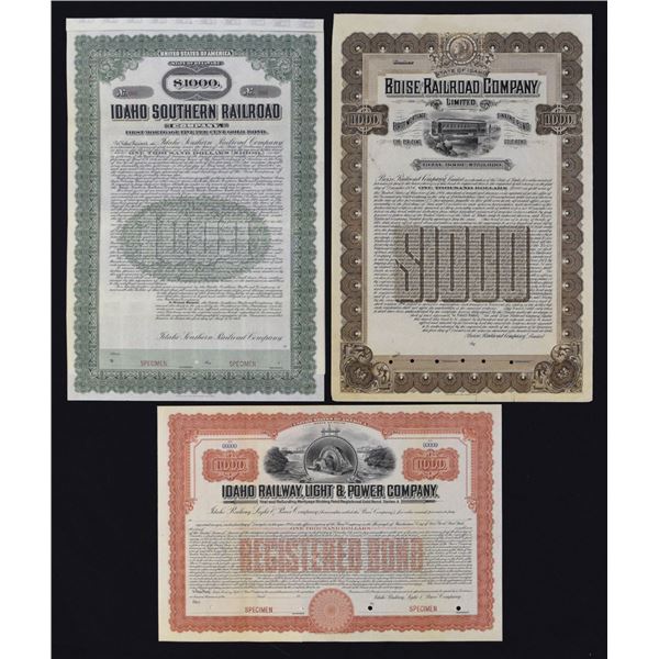 ID. Idaho Railroad Specimen Gold Bond Trio, ca.1906 to 1911.