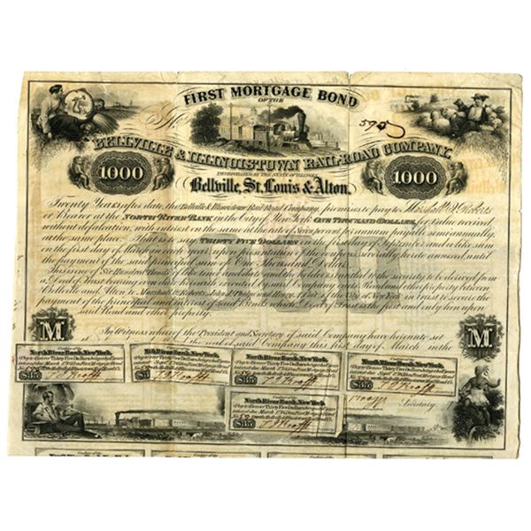 IL. Bellville & Illinoistown Rail-Road Co., 1853, I/U  Coupon Bond Rarity, Unlisted in Cox.