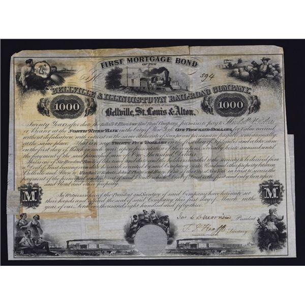 IL. Bellville & Illinoistown Rail-Road Co., 1853, I/U 7% Coupon Bond Rarity Discovery Bond, Unlisted