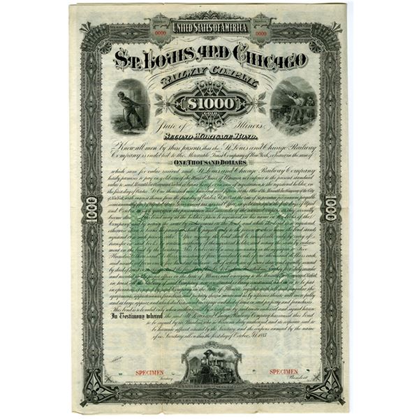 IL. St. Louis and Chicago Railway Co., 1885 Specimen 2nd Mortgage Gold Coupon Bond.