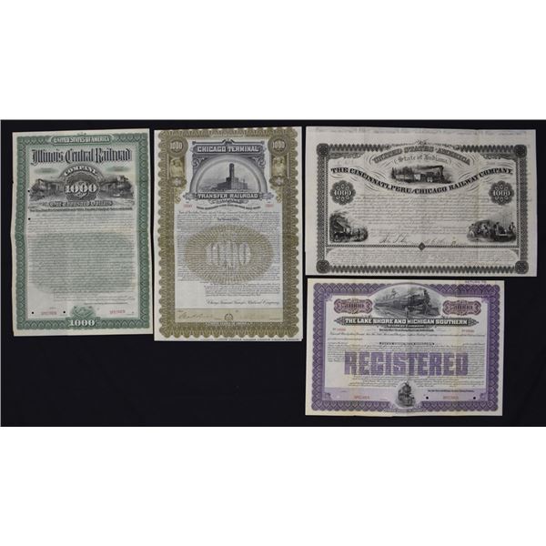IL & IN. Illinois and Midwest Railroads, 1855 to 1904, Issued and Specimen Gold Bonds.