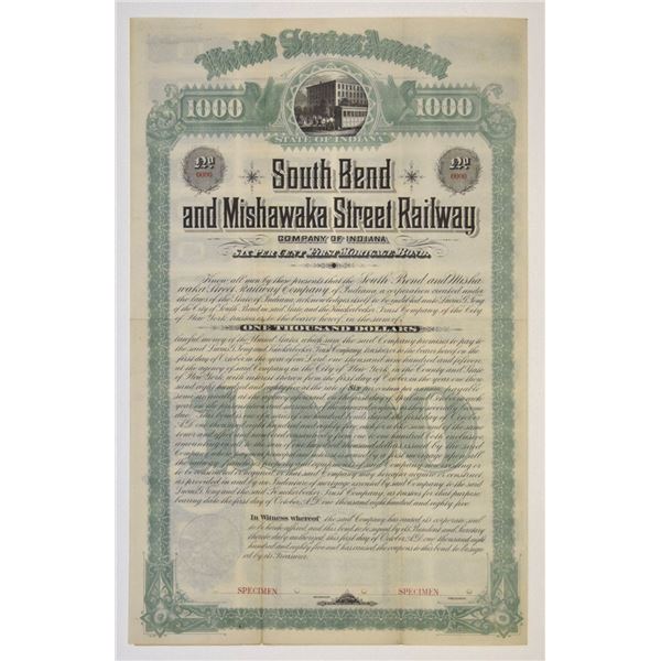 IN. South Bend & Mishawaka Street Railway Co., 1885, $1000 Specimen Bond Rarity