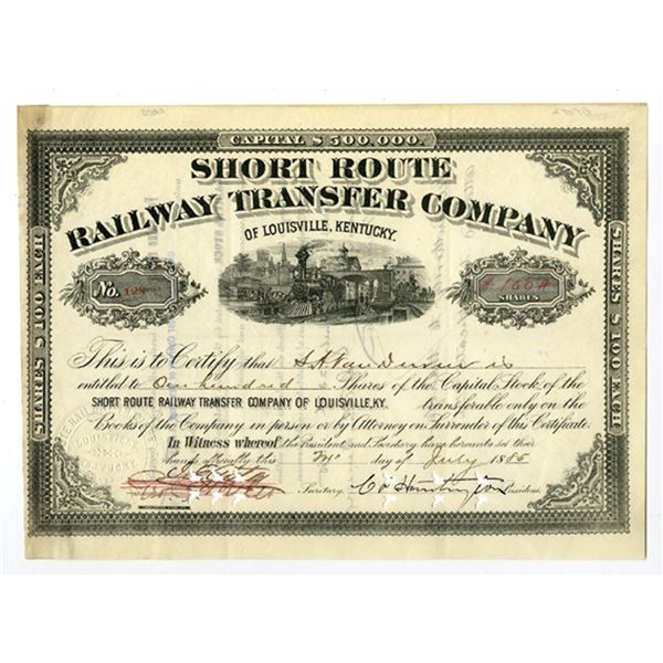 KY. Short Route Railway Transfer Co., 1885, I/C Stock Certificate Signed by C.P. Huntington as Presi