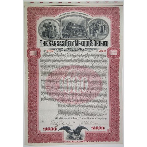 KS. & Mexico. Kansas City, Mexico & Orient Railway Co. 1901 I/U Gold Coupon Bond