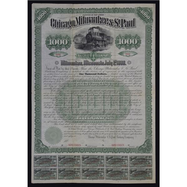 MN., IL., WI., Chicago, Milwaukee & St. Paul Railway Co., 1886, Specimen Coupon Bond Rarity.