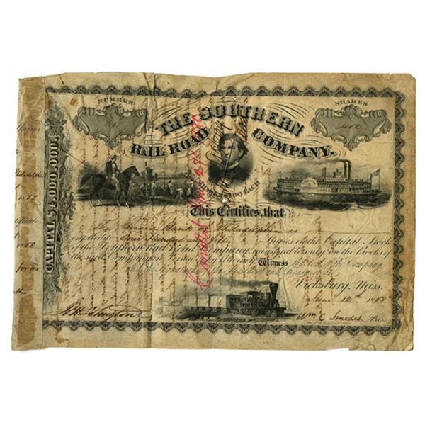 MI. Southern Rail Road Co., 1858, Serial #1, I/C Stock Certificate, Previously Unlisted in Cox, Only