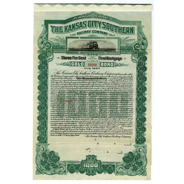 MO. Kansas City Southern Railway Co. 1900 Specimen Gold Coupon Bond