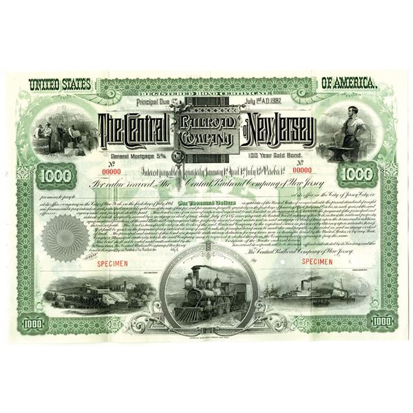 NJ. Central Railroad Co. of New Jersey, 1887 Specimen Registered Gold Bond