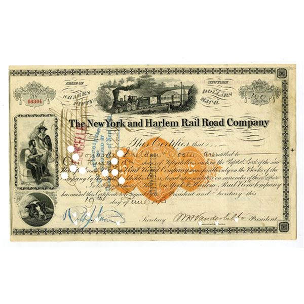 NY. New York and Harlem Rail Road Co., 1873, I/C Stock Certificate Signed by W.H. Vanderbilt as Pres