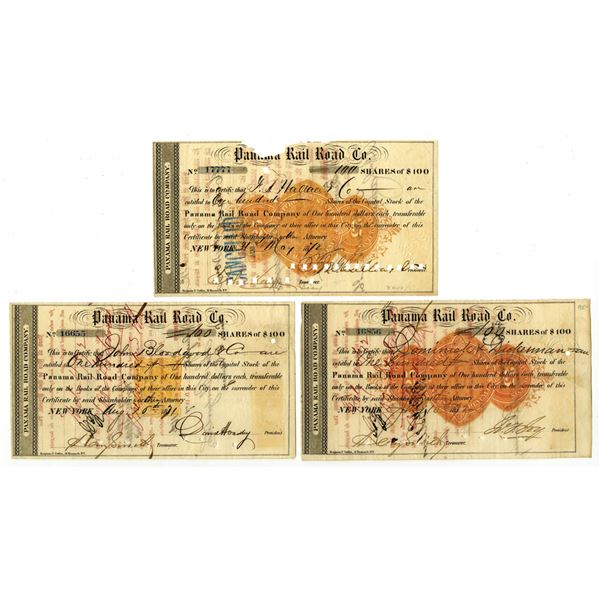 NY. Panama Rail Road Co., 1871 and 1872, Revenue Imprinted I/C Stock Certificate Trio.