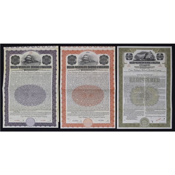 OR. Oregon-Washington Railroad & Navigation Co., 1911 and 1944, Specimen Bond Trio.