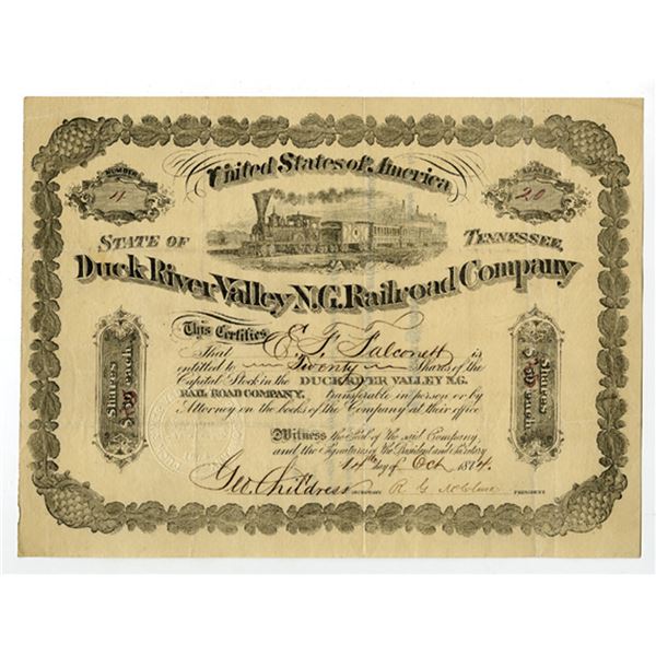 TN. Duck River Valley N.G. Railroad Co., 1874, I/U Stock Certificate.