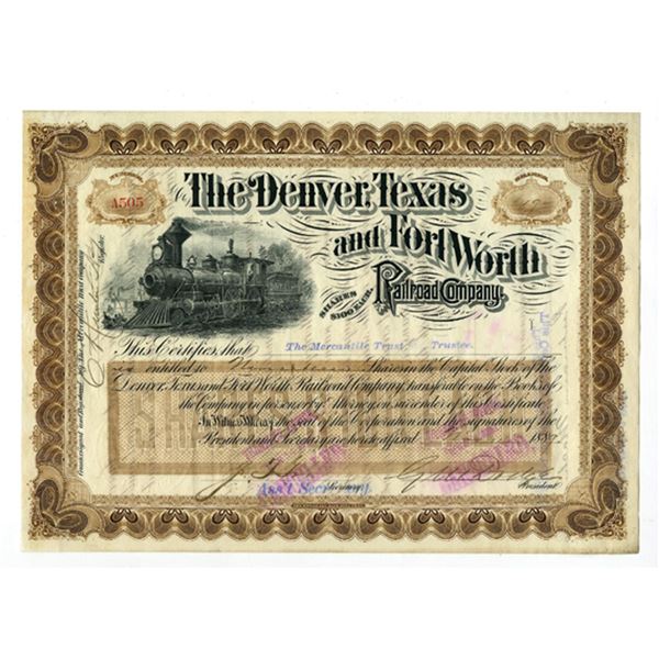TX. Denver, Texas and Fort Worth Railroad Co., 1889, I/C Stock Certificate Signed by Civil War Gener