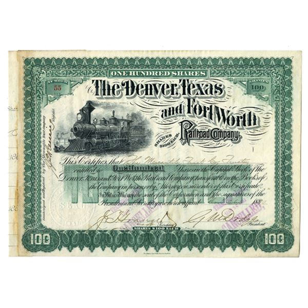 TX. Denver, Texas and Fort Worth Railroad Co., 1890, I/C Stock Certificate Signed by Civil War Gener