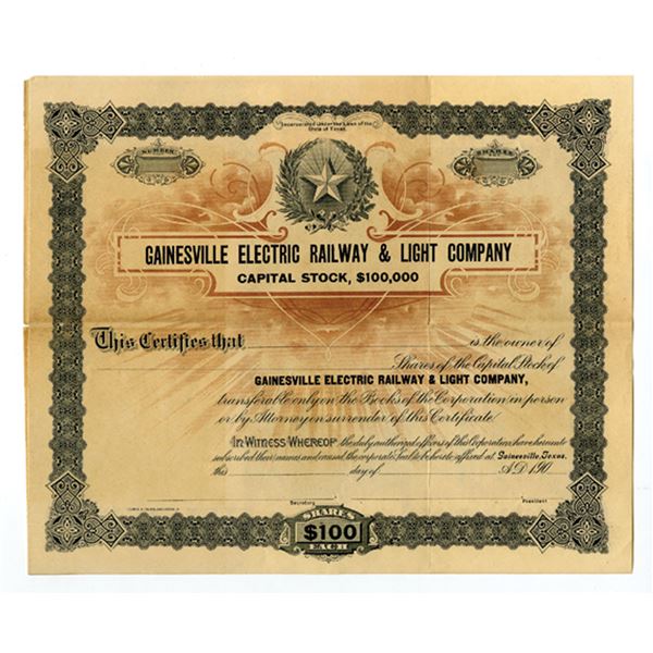 TX. Gainesville Electric Railway & Light Co., ca.1900-1910 Specimen Stock Certificate
