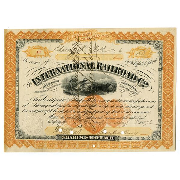 TX. International Railroad Co., 1872, I/C Stock Certificate.