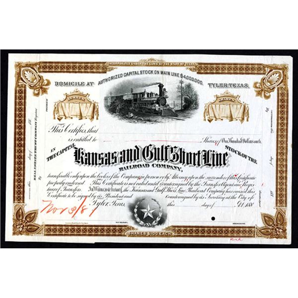 TX. Kansas & Gulf Short Line Railroad Co., 1881 Unique Approval Proof Stock Certificate.