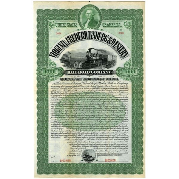 VA. Virginia, Fredericksburg & Western Railroad Co., 1895 Specimen Gold Coupon Bond