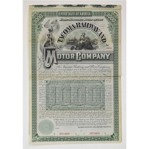 TWA. Tacoma Railway and Motor Co. 1890 Specimen Gold Coupon Bond Rarity