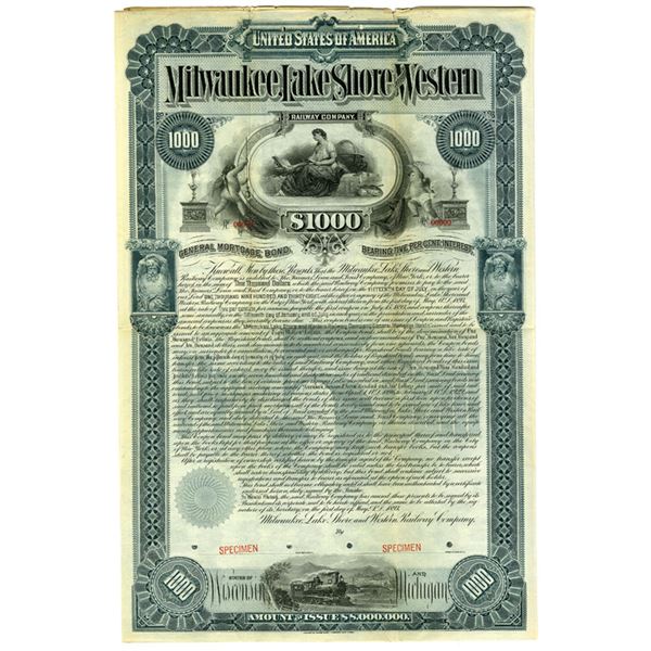 WI. Milwaukee, Lake Shore and Western Railway Co., 1893 Specimen General Mortgage Coupon Bond Rarity