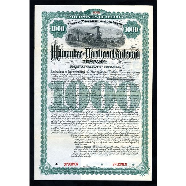 MI. WI., Milwaukee and Northern Railroad Co., 1890 Specimen Gold Equipment Coupon Bond Rarity
