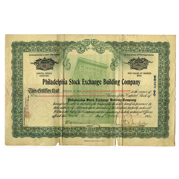 PA. Philadelphia Stock Exchange Building Co., 1916, Issued Stock Certificate.