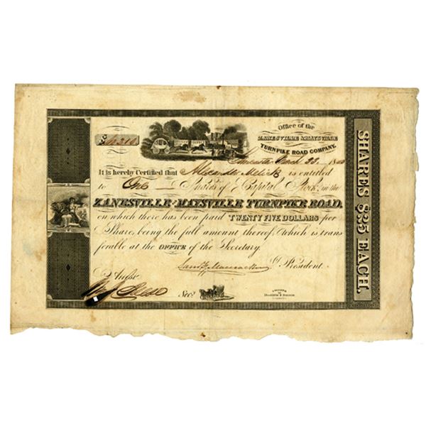 OH. Zanesville and Maysville Turnpike Road, 1843, I/U Stock Certificate.