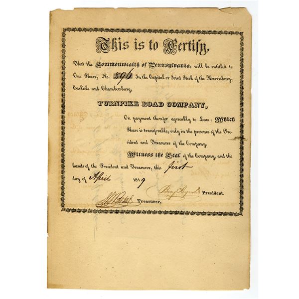 PA. Harrisburg, Carlisle, and Chambersburg Turnpike Road Co., 1819, I/U Stock Certificate.