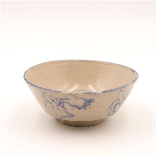 Signed Japanese Blue and White Stoneware Bowl with Brushwork Decoration