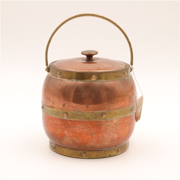 Mid-Century English Copper and Brass Barrel-Form Ice Bucket by Linton, with Glass Liner
