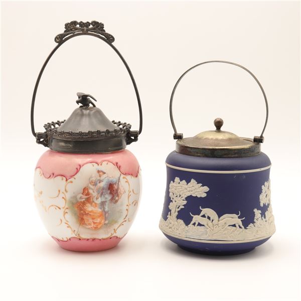 Two Victorian Biscuit Barrels – Pink Transfer and Jasperware