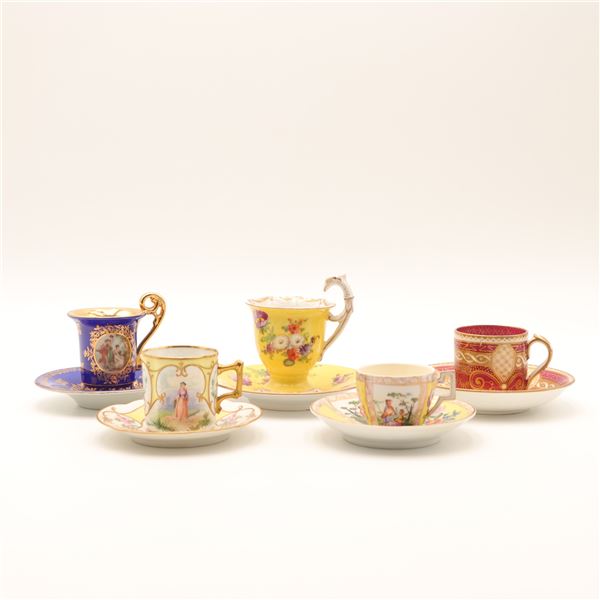 Group of Five Continental Demitasse Cups and Saucers