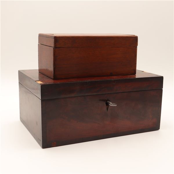 Pair of Wooden Boxes, Including Fitted Mahogany Jewellery/Document Box with Key