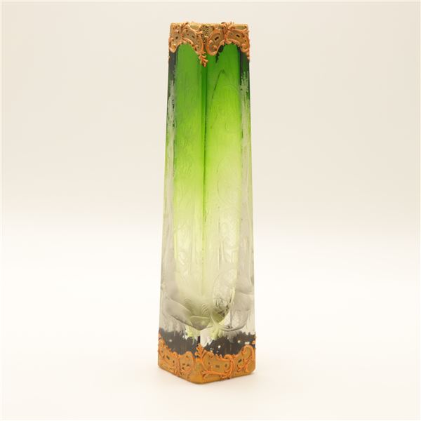 Bohemian Green Cut and Engraved Glass Column Vase with Gilt Mounts, Probably Moser, Circa 1890