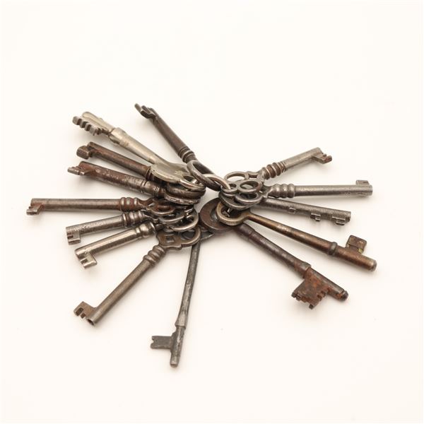 Group of Antique Iron and Steel Skeleton Keys on Ring, Late 19th–Early 20th Century